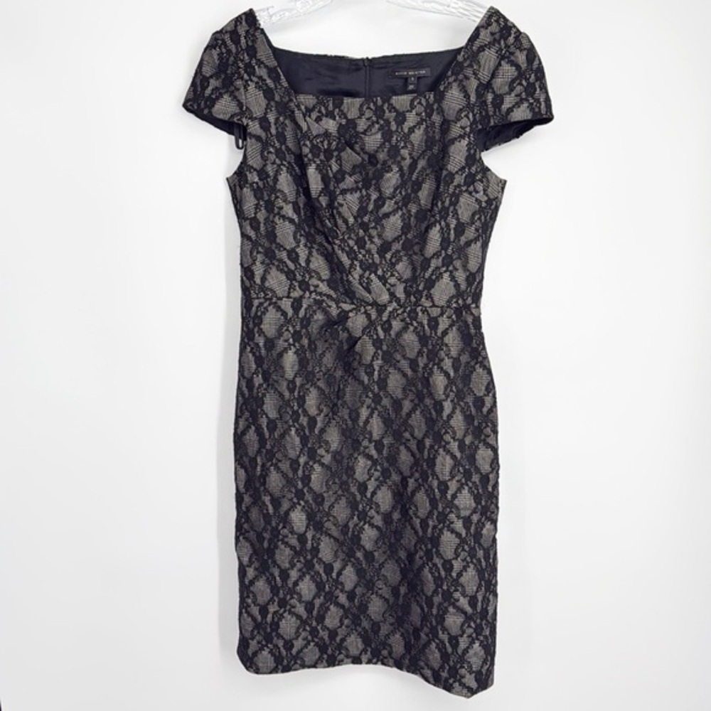 David Meister Houndstooth Sheath Dress with Black Lace Overlay size 6